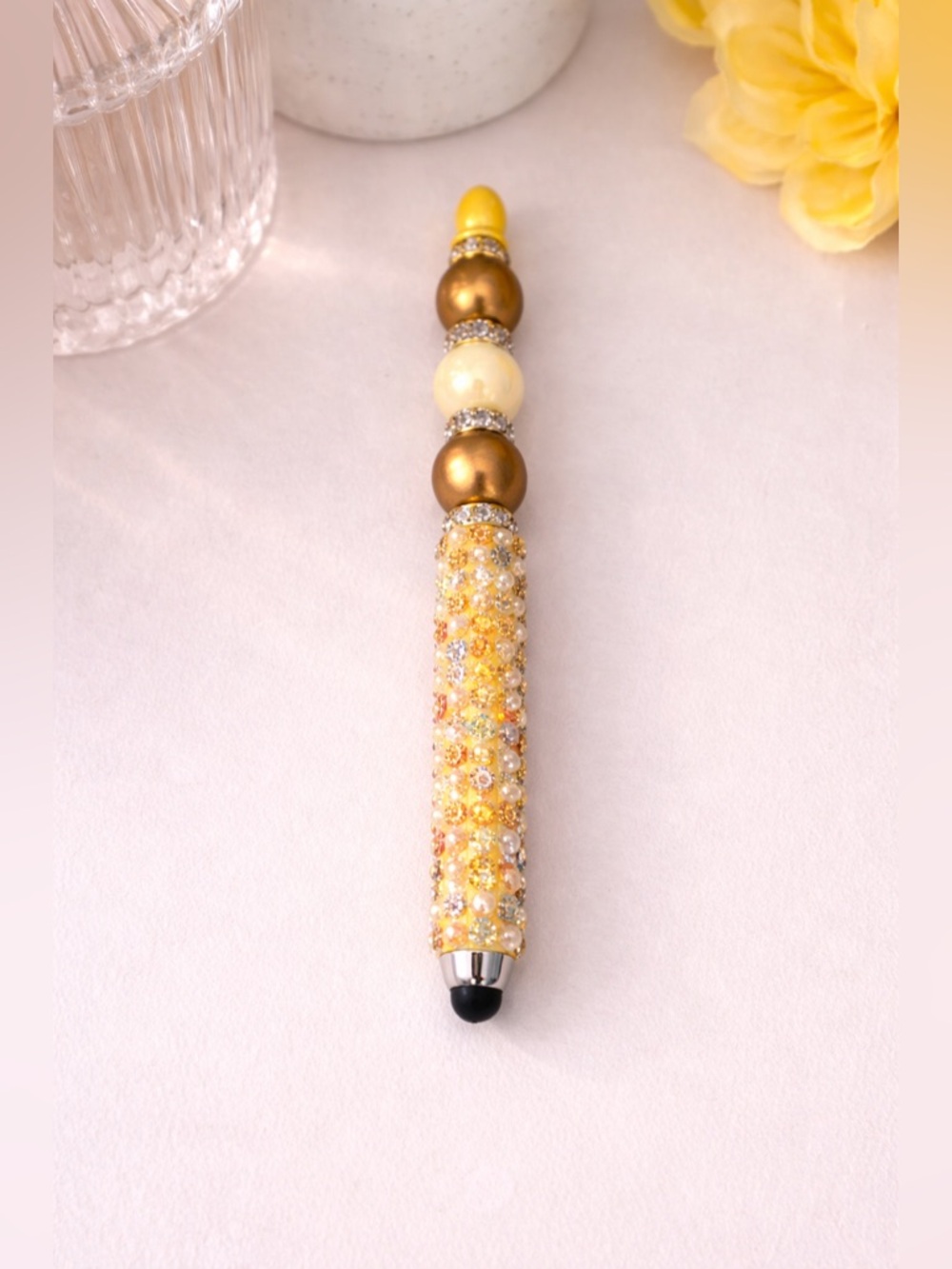 Handmade Yellow Gold Beaded Stylus | Rhinestone Bling Touch Pen